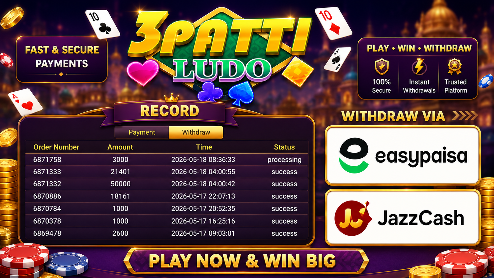 Teen Patti Ludo APK banner – play, win and withdraw